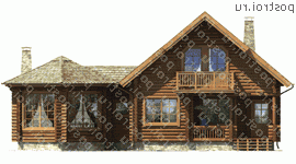 I-153-1D проект одноэтажного деревянного коттеджа из бревна с мансардой размером 8 на 11  - вид спереди