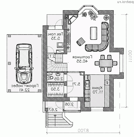 J-155-1P проект двухэтажного дома из газобетона с гаражом размером 11 на 9  - 1-й этаж