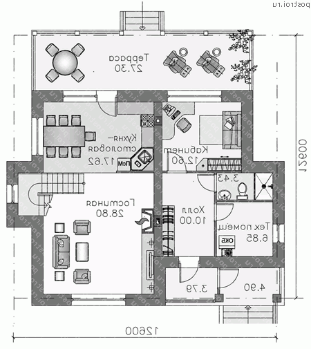 J-170-2P проект двухэтажного коттеджа из пеноблоков размером 13 на 13  - 1-й этаж
