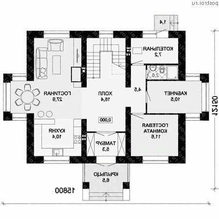J-200-1P проект двухэтажного дома из пенобетона размером 12 на 16  - 1-й этаж