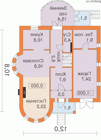 J-220-1P проект двухэтажного дома из пенобетона с гаражом размером 11 на 12 - 1-й этаж