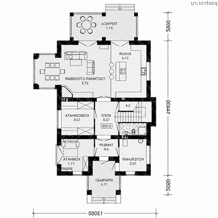 J-247-1P проект двухэтажного дома из газобетона размером 14 на 13 - 1-й этаж