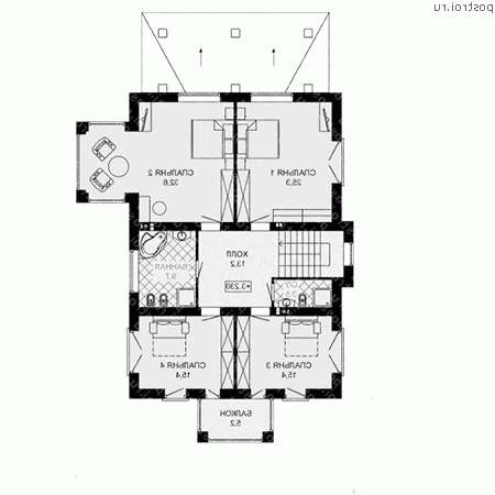 J-247-1P проект двухэтажного дома из газобетона размером 14 на 13 - 2-й этаж