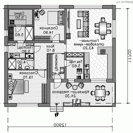 K-131-1P проект одноэтажного дома из газобетона размером 13 на 12 - 1-й этаж K-131-1P проект одноэтажного дома из газобетона размером 13 на 12 - 1-й этаж