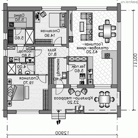 K-131-2P проект одноэтажного дома из газобетона размером 13 на 12 - 1-й этаж