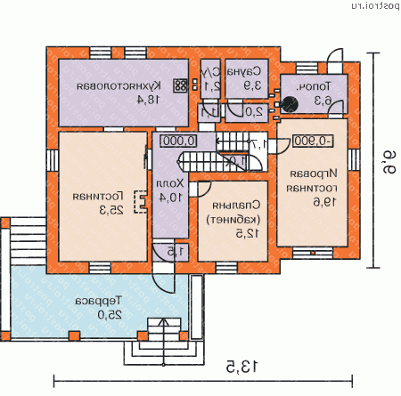 K-214-1P проект двухэтажного дома из пенобетона размером 13 на 16 - 1-й этаж K-214-1P проект двухэтажного дома из пенобетона размером 13 на 16 - 1-й этаж