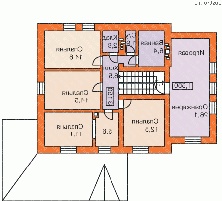 K-214-1P проект двухэтажного дома из пенобетона размером 13 на 16 - 2-й этаж K-214-1P проект двухэтажного дома из пенобетона размером 13 на 16 - 2-й этаж