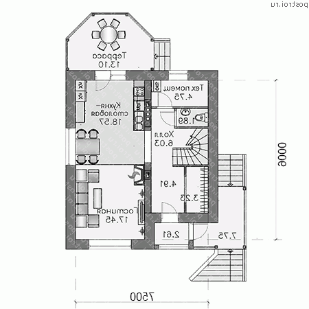 L-115-2P проект двухэтажного коттеджа из пенобетона размером 9 на 8  - 1-й этаж