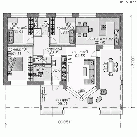 L-120-1P проект одноэтажного коттеджа из пенобетона размером 15 на 12  - 1-й этаж