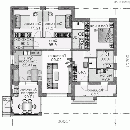L-127-1P проект одноэтажного коттеджа из газобетона размером 14 на 13  - 1-й этаж