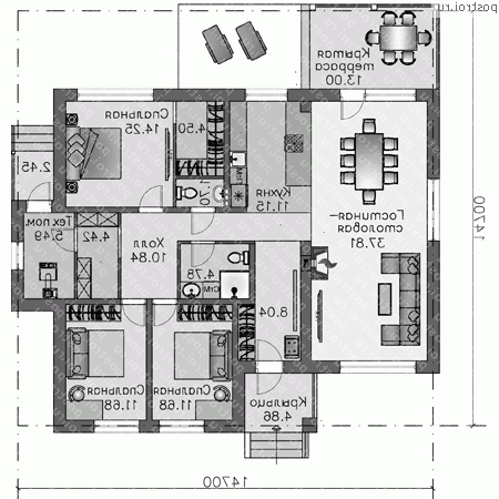 L-136-1P проект одноэтажного дома из газобетона размером 15 на 15 - 1-й этаж L-136-1P проект одноэтажного дома из газобетона размером 15 на 15 - 1-й этаж