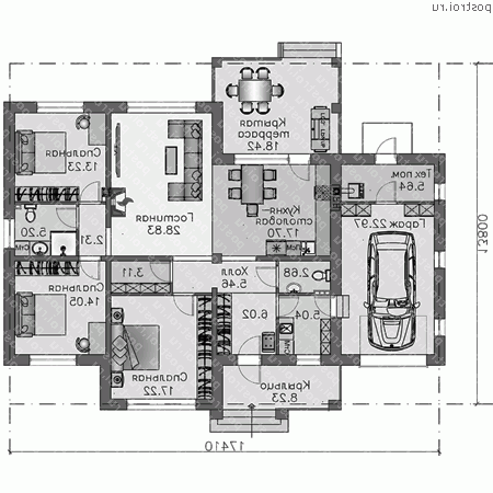 L-192-1P проект одноэтажного коттеджа из пеноблоков с гаражом размером 14 на 17 - 1-й этаж L-192-1P проект одноэтажного коттеджа из пеноблоков с гаражом размером 14 на 17 - 1-й этаж