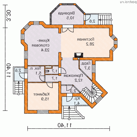 L-204-1K проект двухэтажного дома из кирпича размером 11 на 11 - 1-й этаж