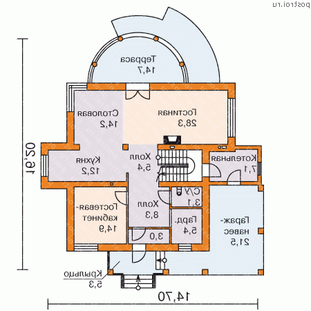 L-206-1P проект двухэтажного дома из пенобетона с гаражом размером 16 на 15 - 1-й этаж L-206-1P проект двухэтажного дома из пенобетона с гаражом размером 16 на 15 - 1-й этаж