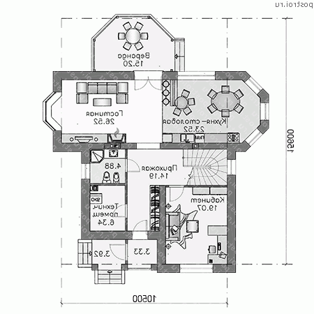 L-219-2P проект двухэтажного коттеджа из пенобетона размером 16 на 11  - 1-й этаж