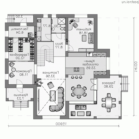 L-255-1P проект двухэтажного коттеджа из пеноблоков размером 16 на 14  - 1-й этаж