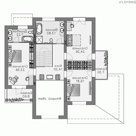 L-255-1P проект двухэтажного коттеджа из пеноблоков размером 16 на 14  - 2-й этаж