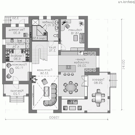 L-259-1P проект двухэтажного коттеджа из пеноблоков размером 16 на 14  - 1-й этаж