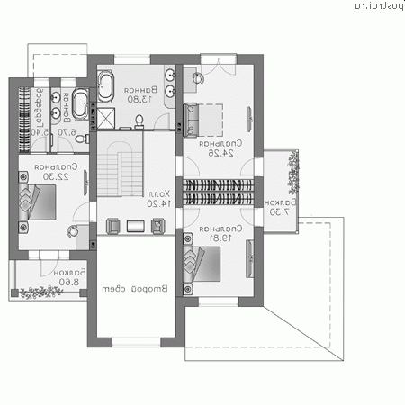 L-259-1P проект двухэтажного коттеджа из пеноблоков размером 16 на 14  - 2-й этаж