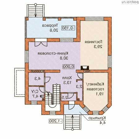 L-334-1P проект двухэтажного дома из пенобетона с цоколем размером 14 на 12  - 1-й этаж