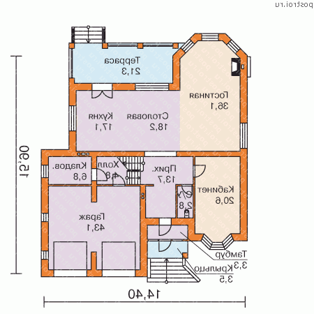 L-414-1P проект двухэтажного дома из газобетона с цоколем и гаражом размером 16 на 14 - 1-й этаж L-414-1P проект двухэтажного дома из газобетона с цоколем и гаражом размером 16 на 14 - 1-й этаж