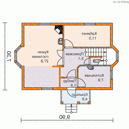 M-112-1P проект одноэтажного коттеджа из пенобетона с мансардой размером 7 на 10  - 1-й этаж