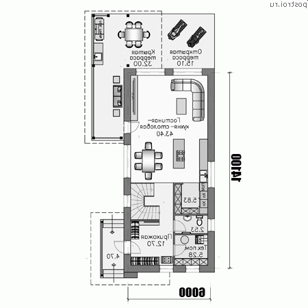 M-141-2P проект двухэтажного дома из газобетона размером 14 на 6 - 1-й этаж