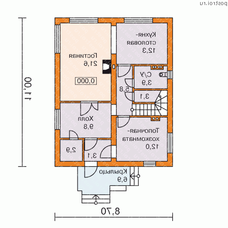 M-146-1P проект одноэтажного дома из газобетона с мансардой размером 11 на 9  - 1-й этаж
