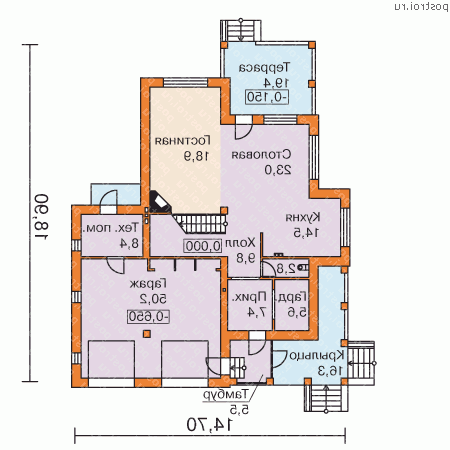 M-303-1K проект двухэтажного коттеджа из кирпича с гаражом размером 18 на 16  - 1-й этаж