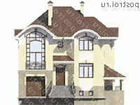 M-371-1K проект трехэтажного дома из кирпича с цоколем и мансардой и гаражом размером 15 на 13 - вид спереди