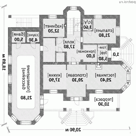 M-592-1K проект двухэтажного дома из кирпича с цоколем размером 19 на 21 - 1-й этаж M-592-1K проект двухэтажного дома из кирпича с цоколем размером 19 на 21 - 1-й этаж