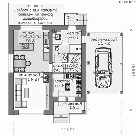N-118-1P проект двухэтажного коттеджа из пенобетона с гаражом размером 12 на 9 - 1-й этаж