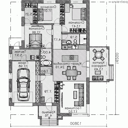 N-145-1P проект одноэтажного дома из газобетона с гаражом размером 16 на 14 - 1-й этаж N-145-1P проект одноэтажного дома из газобетона с гаражом размером 16 на 14 - 1-й этаж
