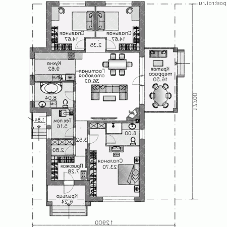 N-146-1P проект одноэтажного дома из газобетона размером 18 на 13 - 1-й этаж N-146-1P проект одноэтажного дома из газобетона размером 18 на 13 - 1-й этаж