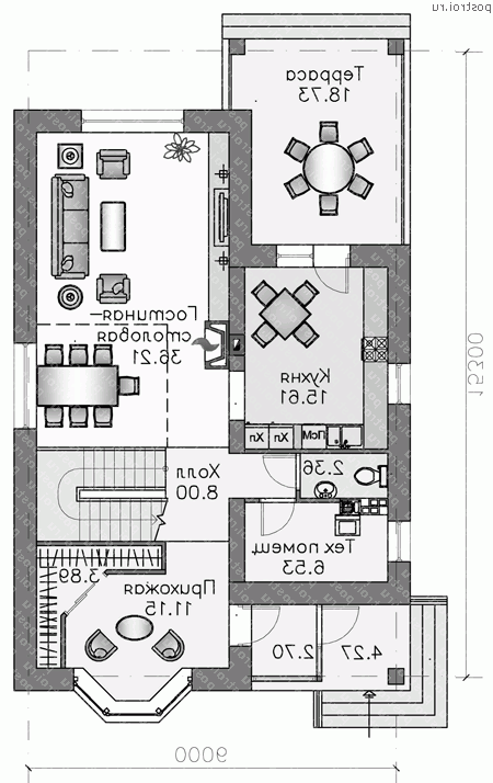 N-174-1K проект двухэтажного дома из кирпича размером 15 на 9 - 1-й этаж N-174-1K проект двухэтажного дома из кирпича размером 15 на 9 - 1-й этаж