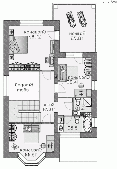 N-174-1K проект двухэтажного дома из кирпича размером 15 на 9 - 2-й этаж N-174-1K проект двухэтажного дома из кирпича размером 15 на 9 - 2-й этаж