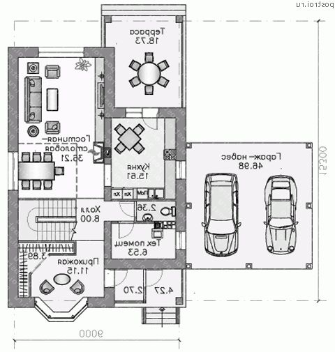 N-174-2K проект двухэтажного дома из кирпича с гаражом размером 15 на 9  - 1-й этаж