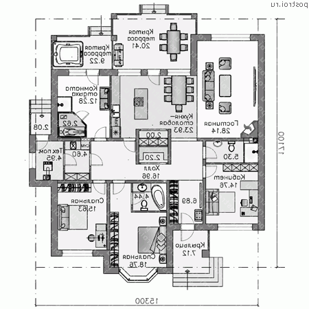 N-183-1P проект одноэтажного дома из пеноблоков размером 17 на 15 - 1-й этаж N-183-1P проект одноэтажного дома из пеноблоков размером 17 на 15 - 1-й этаж
