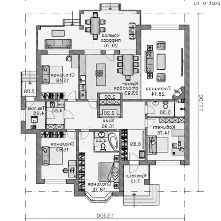N-183-1P проект одноэтажного дома из пеноблоков размером 17 на 15 - 1-й этаж (вариант 2) N-183-1P проект одноэтажного дома из пеноблоков размером 17 на 15 - 1-й этаж (вариант 2)