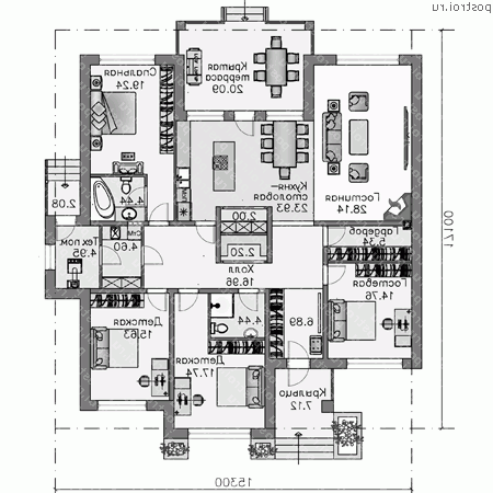 N-183-2P проект одноэтажного дома из пеноблоков размером 17 на 15  - 1-й этаж