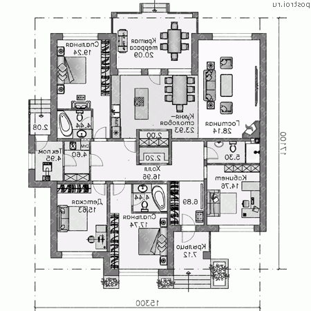 N-183-2P проект одноэтажного дома из пеноблоков размером 17 на 15  - 1-й этаж (вариант 2)