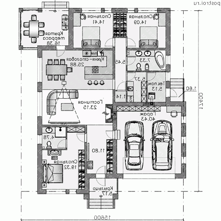 N-190-1P проект одноэтажного дома из пеноблоков с гаражом размером 17 на 16  - 1-й этаж