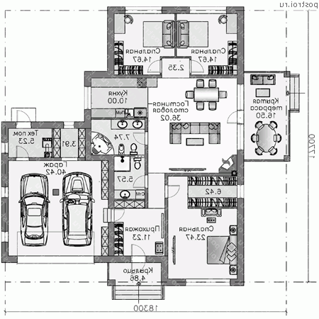 N-194-1P проект одноэтажного коттеджа из пенобетона с гаражом размером 18 на 18  - 1-й этаж