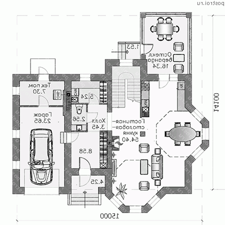 N-196-1K проект двухэтажного коттеджа из кирпича с гаражом размером 14 на 15  - 1-й этаж