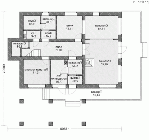 N-204-1K проект одноэтажного дома из кирпича с мансардой и гаражом размером 15 на 15 - 1-й этаж N-204-1K проект одноэтажного дома из кирпича с мансардой и гаражом размером 15 на 15 - 1-й этаж