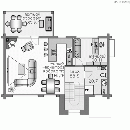 N-209-1D проект двухэтажного деревянного дома из бруса с цоколем и гаражом размером 11 на 11 - 1-й этаж N-209-1D проект двухэтажного деревянного дома из бруса с цоколем и гаражом размером 11 на 11 - 1-й этаж