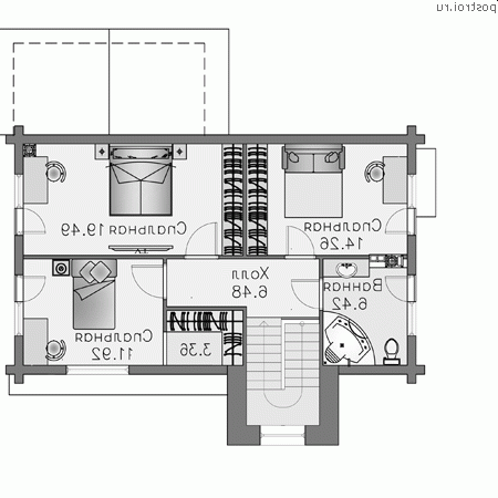 N-209-1D проект двухэтажного деревянного дома из бруса с цоколем и гаражом размером 11 на 11 - 2-й этаж N-209-1D проект двухэтажного деревянного дома из бруса с цоколем и гаражом размером 11 на 11 - 2-й этаж