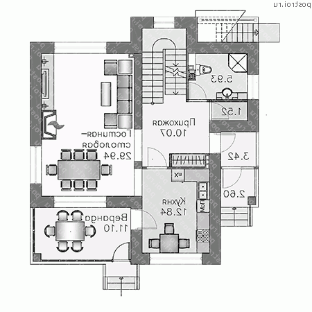 N-212-1P проект двухэтажного дома из пенобетона с цоколем размером 11 на 10 - 1-й этаж N-212-1P проект двухэтажного дома из пенобетона с цоколем размером 11 на 10 - 1-й этаж