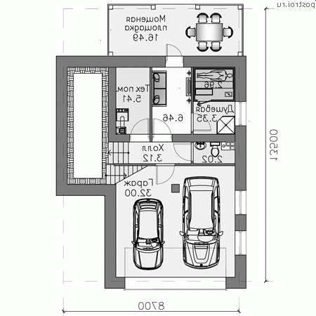N-214-1D проект двухэтажного деревянного дома из бруса с цоколем и гаражом размером 9 на 14 - цоколь