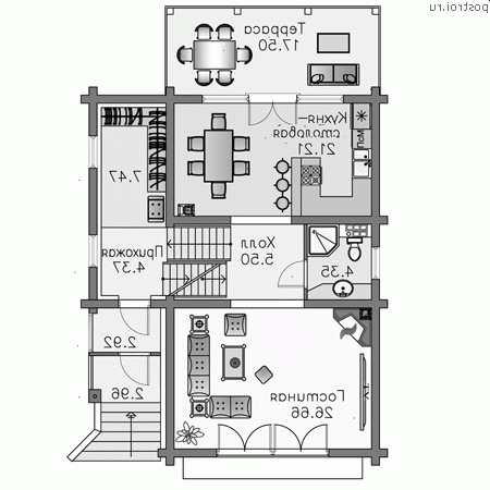 N-214-1D проект двухэтажного деревянного дома из бруса с цоколем и гаражом размером 9 на 14 - 1-й этаж